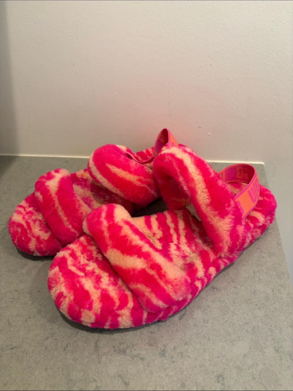 UGG Women's Fluff Slide Zebra Stripe in Hot Pink and Cream